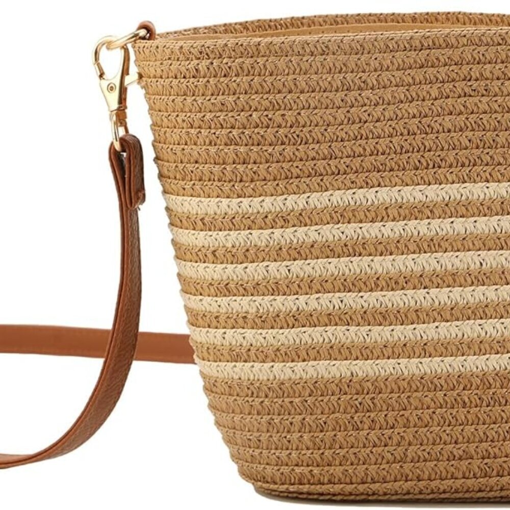 Straw Crossbody Bags for Women with stripe, Hand Woven Shoulder Bag with Adjusta
